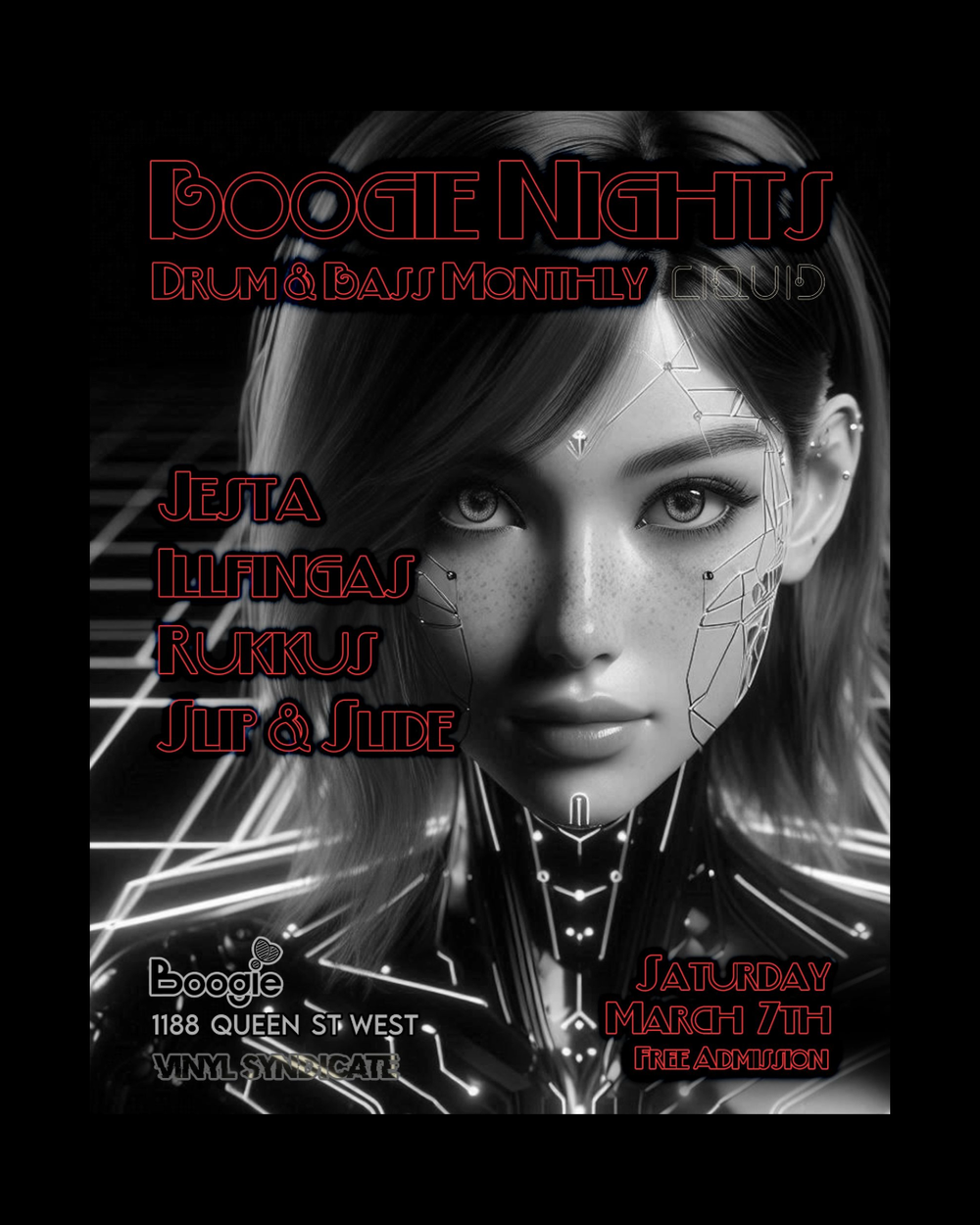 Flyer for Boogie Nights Drum and Bass Monthly