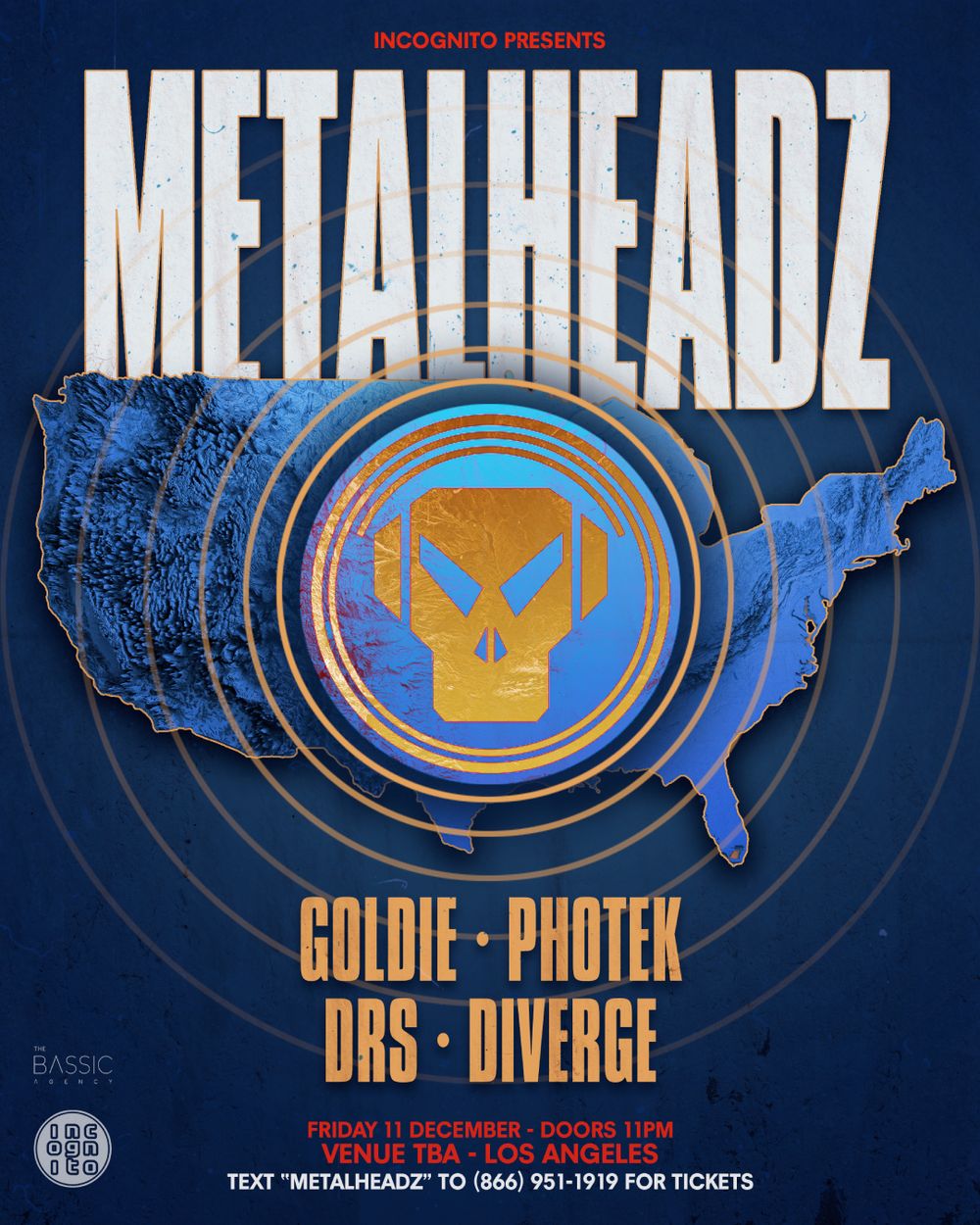 Flyer for INCOGNITO x Metalheadz: Goldie, Photek, DRS, Diverge