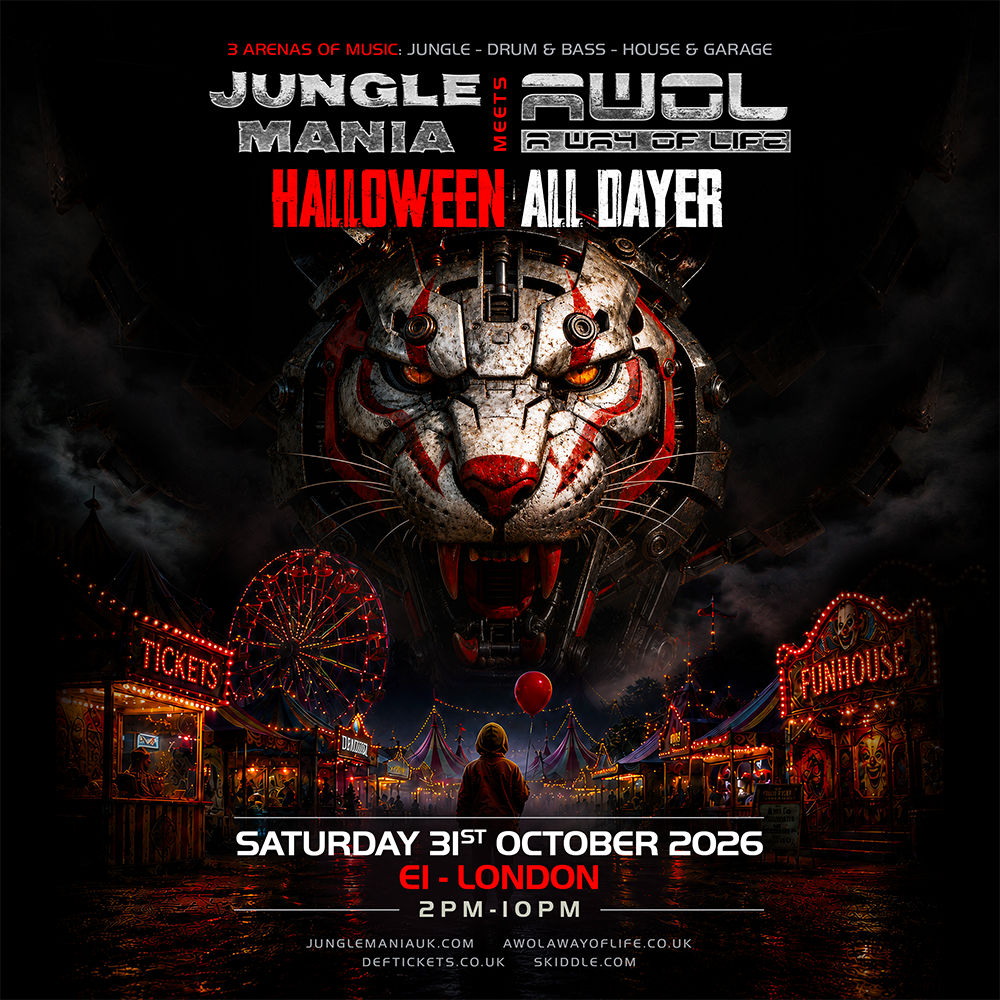 Flyer for Jungle Mania meets AWOL Halloween - London
