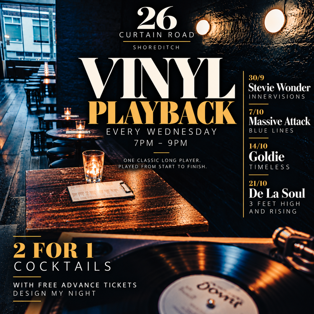 Flyer for Weds Vinyl LP playback & cocktail sessions-Goldie- Timeless