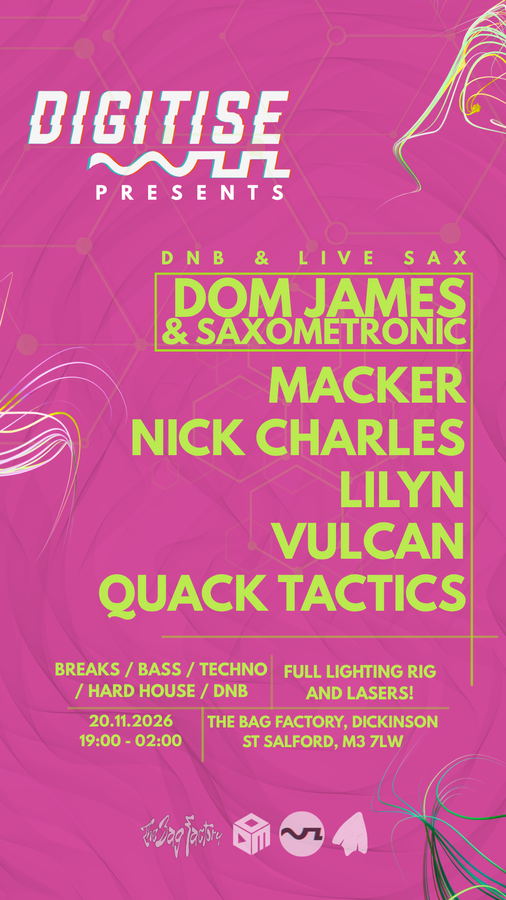 Flyer for Digitise x Bag Factory – Macker, Nick Charles, Lilyn & Vulcan