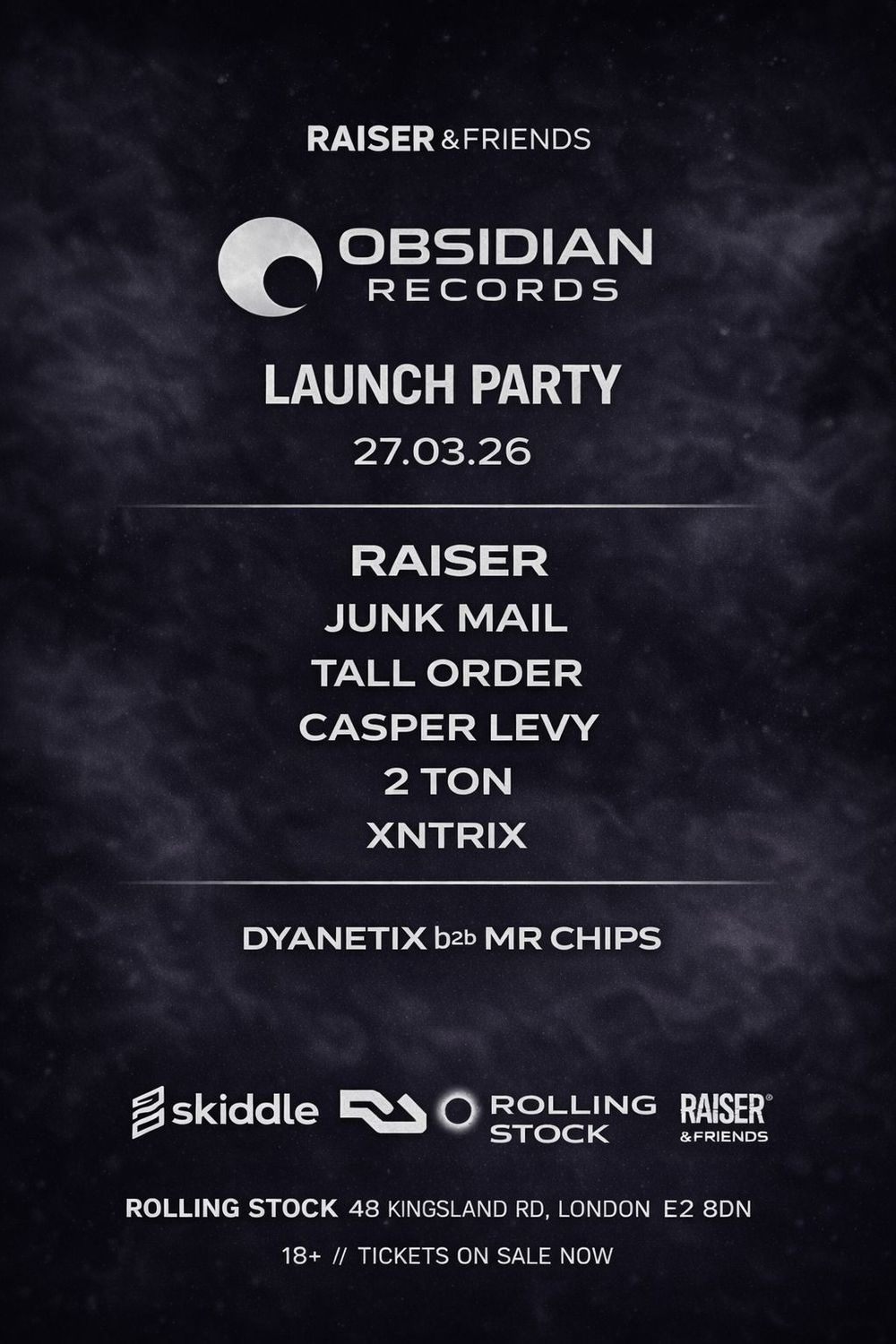 Flyer for Raiser & Friends - Obsidian Records Launch Party - Drum and Bass