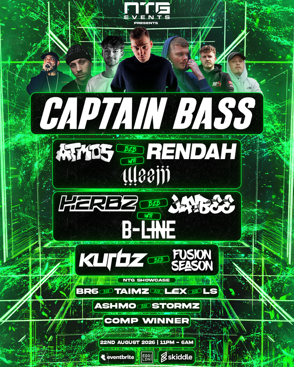 Flyer for NTG PRESENTS CAPTAIN BASS + MORE