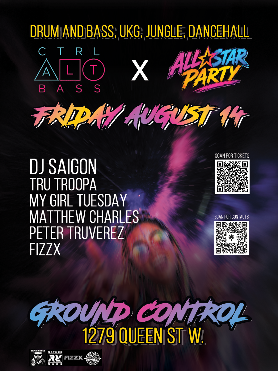 Flyer for CTRL ALT BASS x ALL STAR PARTY collab W/ guest DJ SAIGON. DnB, UKG, Dancehall, Jungle