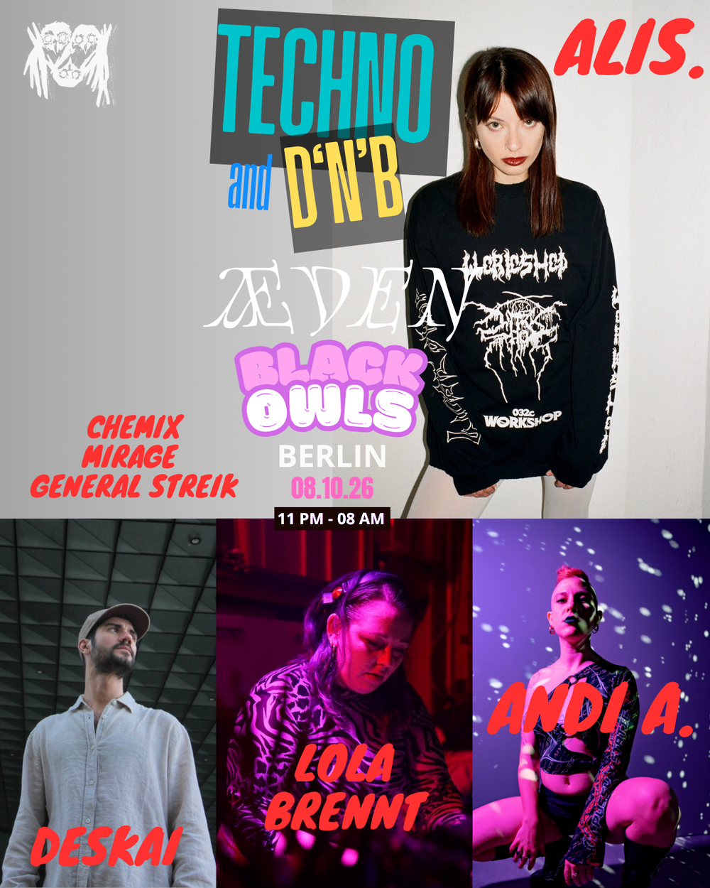 Flyer for BLACK OWLS - TECHNO and D'N'B