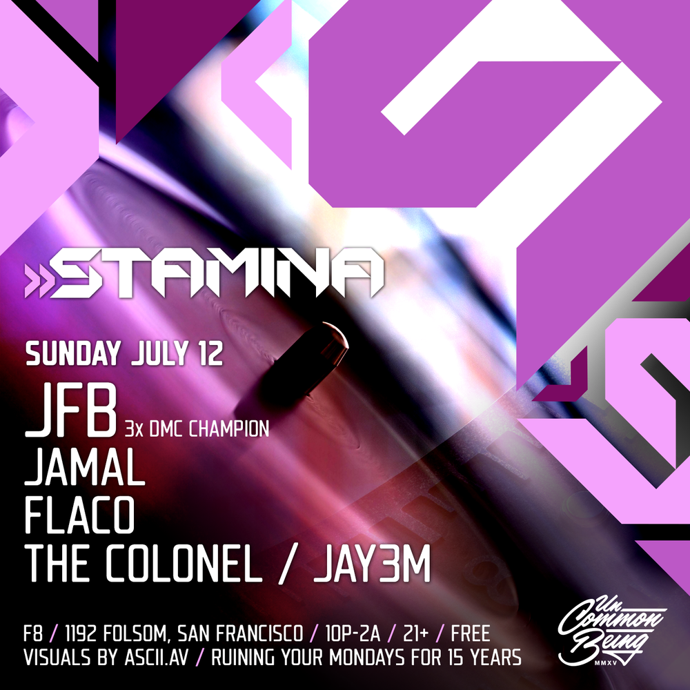 Flyer for Stamina presents the 15 year Anniversary Month feat. JFB