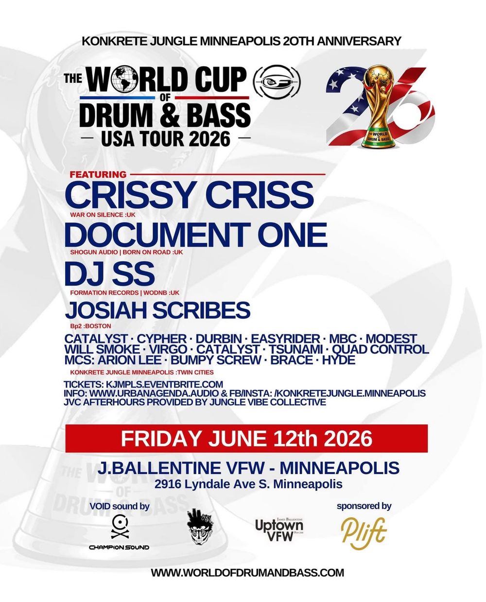 Flyer for KONKRETE JUNGLE MINNEAPOLIS x THE WORLD CUP OF DRUM & BASS