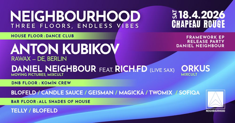 Flyer for Neighbourhood w/Anton Kubikov /Berlin/ - three floors: house, deep & tech house, dnb