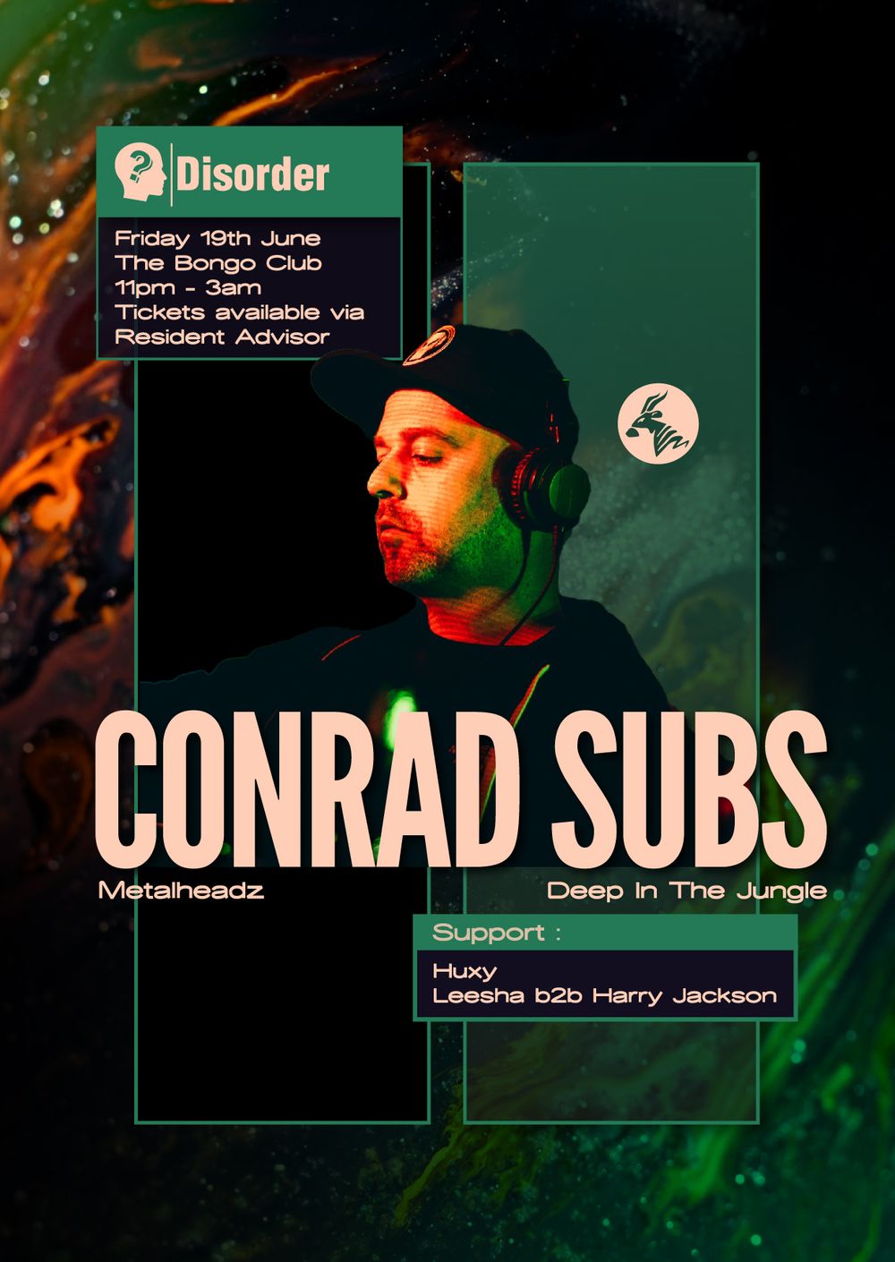 Flyer for Disorder presents: Conrad Subs (Metalheadz / Deep In The Jungle)