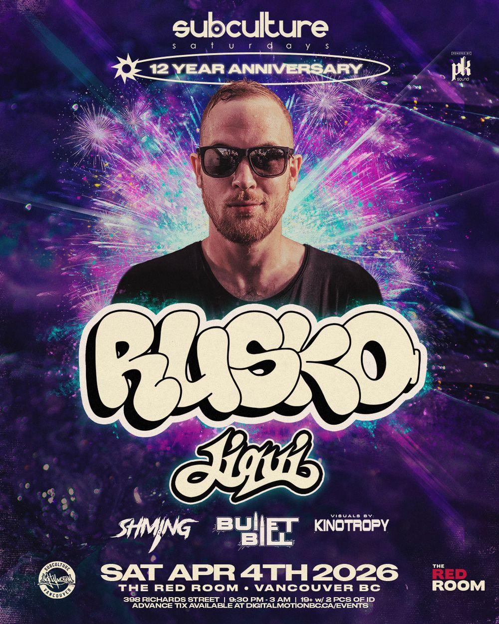 Flyer for SUBculture Saturdays 12YR anniversary with Rusko & Jiqui