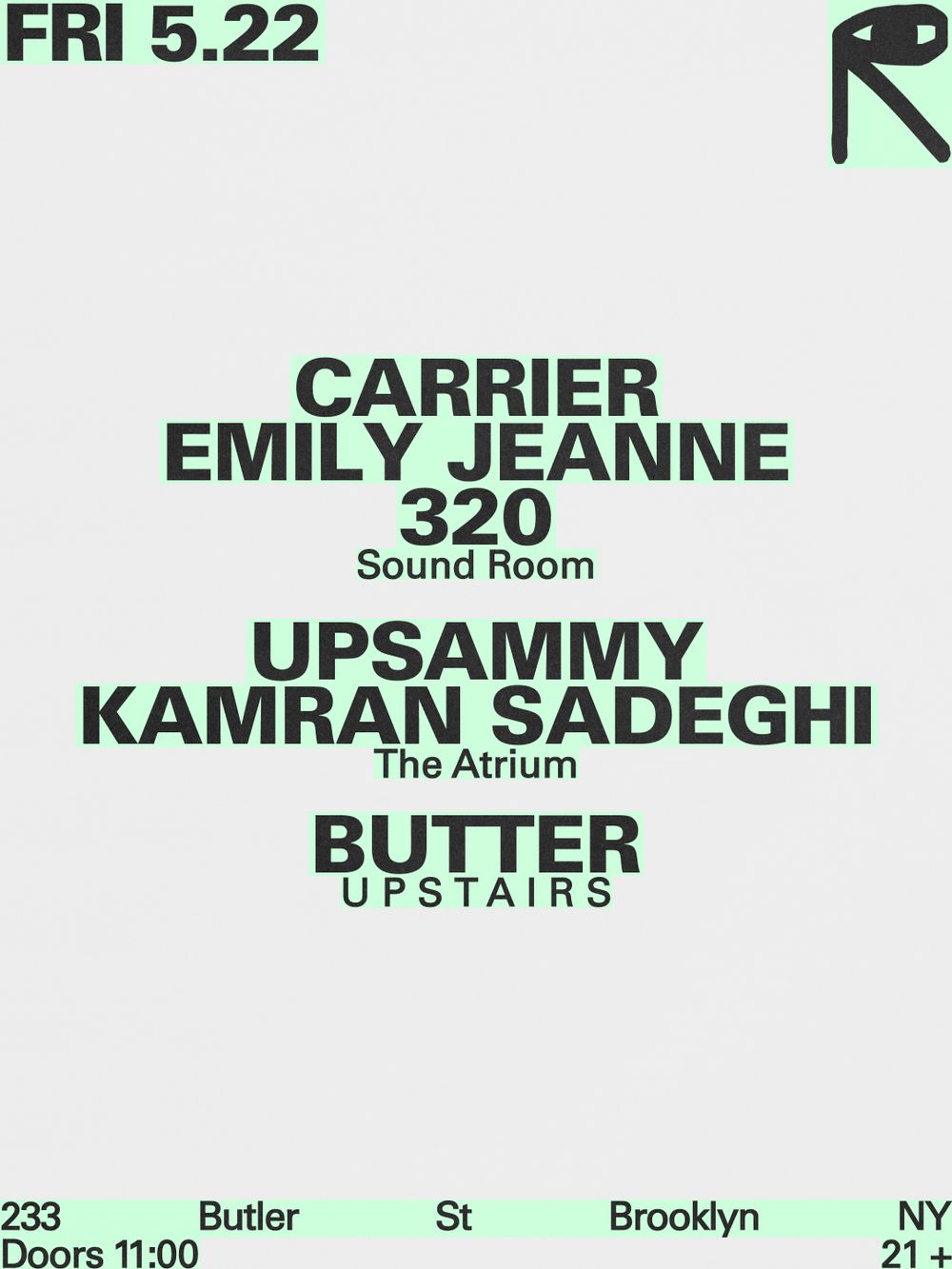 Flyer for Carrier, Emily Jeanne, 320 / upsammy, Kamran Sadeghi / Butter