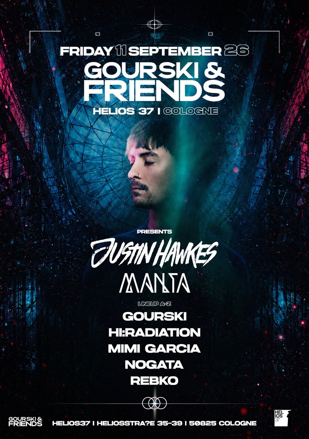 Flyer for Gourski & FRIENDS presents JUSTIN HAWKES & Manta
