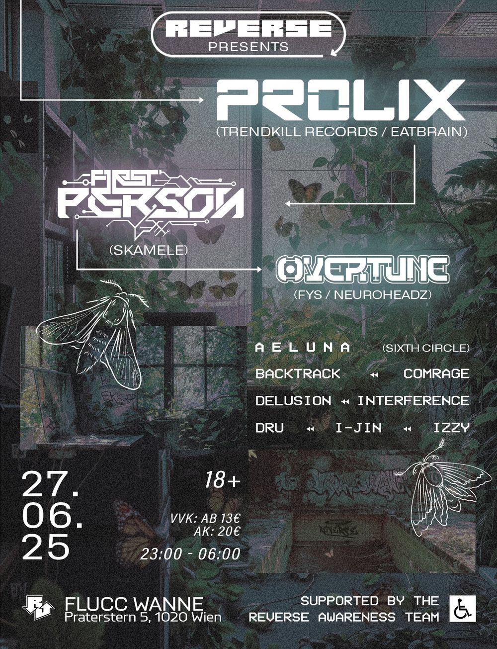 Flyer for Reverse Club Night with Prolix, First Person & Overtune