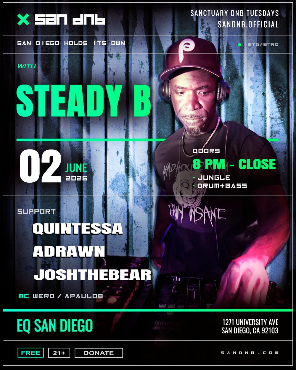 Flyer for San DNB presents Sanctuary with Steady B