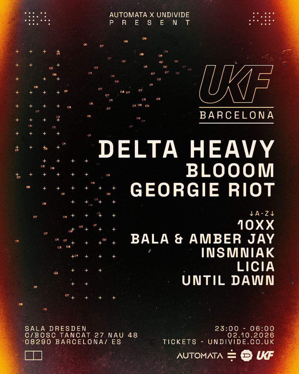 Flyer for UKF BARCELONA & AUTOMATA OCT2ND · Delta Heavy, Blooom, Georgie Riot + MORE