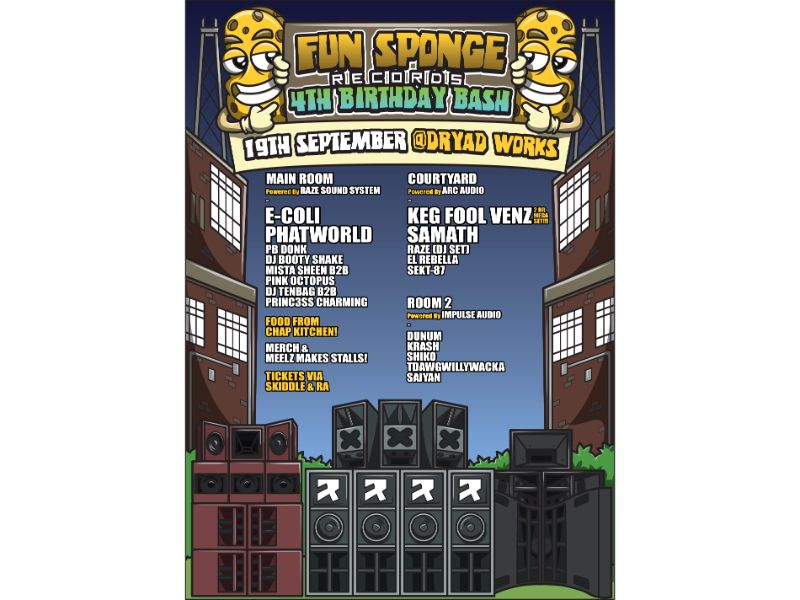 Flyer for Fun Sponge Records 4th Birthday Bash