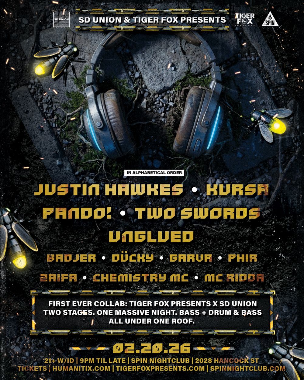 Flyer for SD Union and Tiger Fox presents: Justin Hawkes, Kursa, PANDO!, Two Swords, Unglued