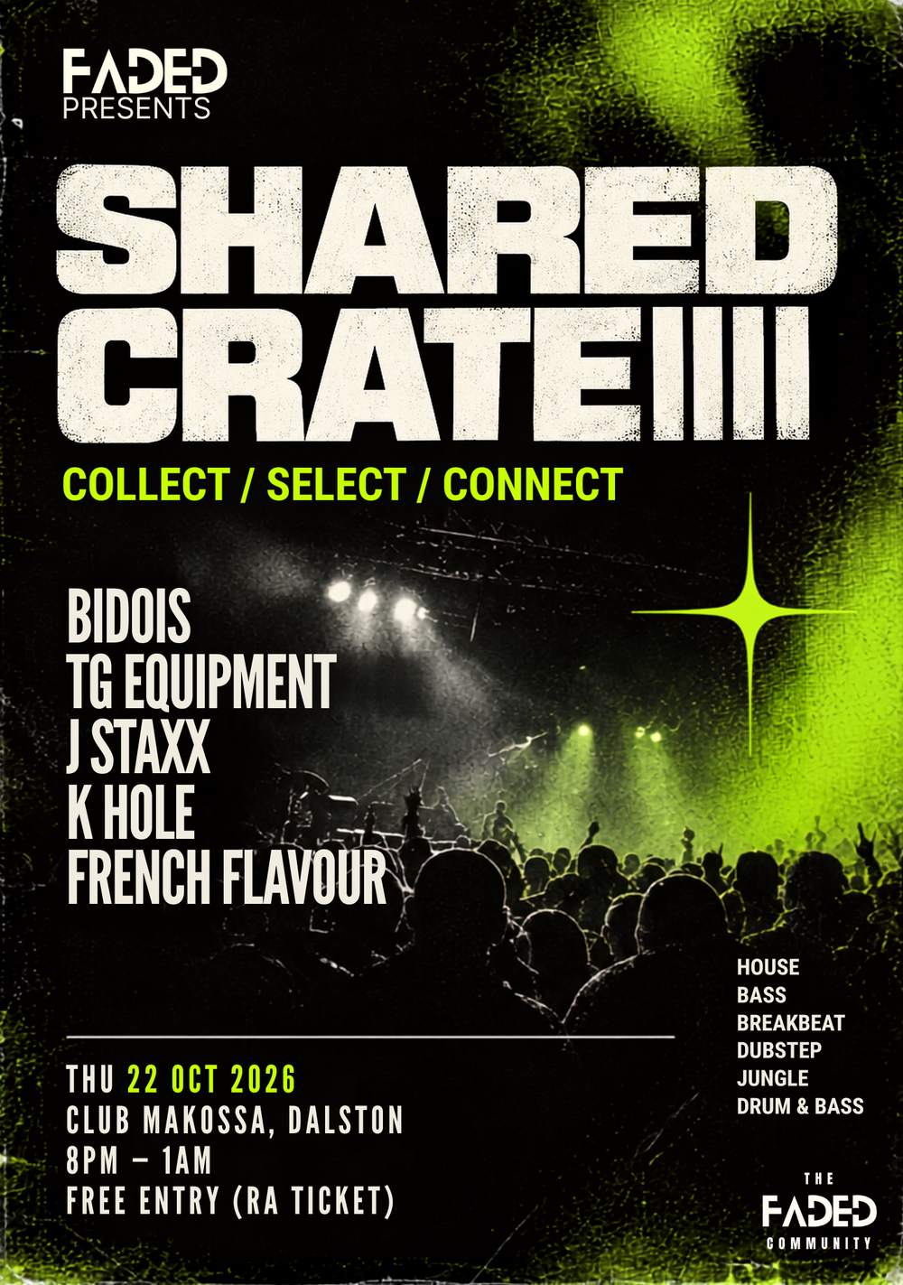 Flyer for Shared Crate: House, Bass, Dubstep, Jungle & DnB - Free Entry