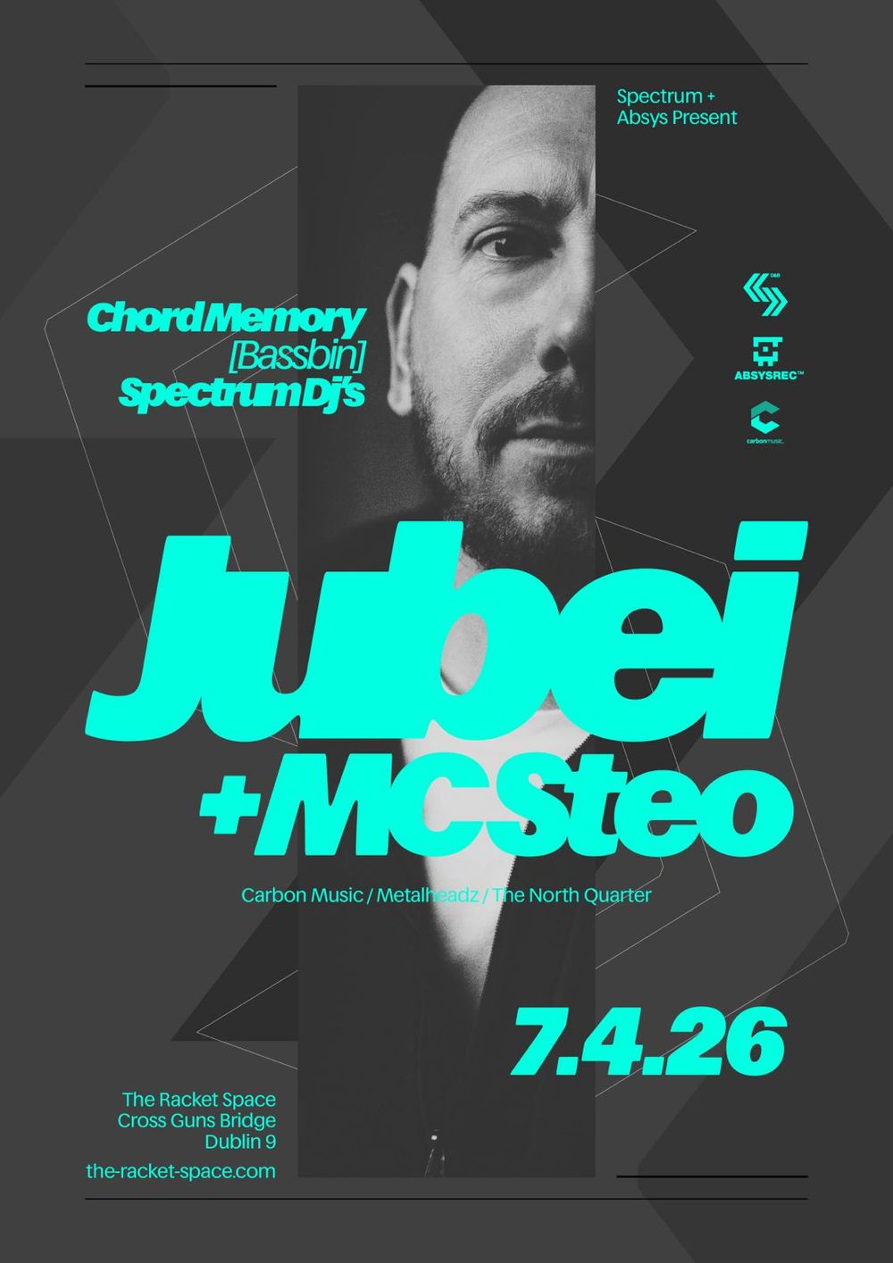 Flyer for Spectrum & Absys Rec present: Jubei, Steo & Beta 2