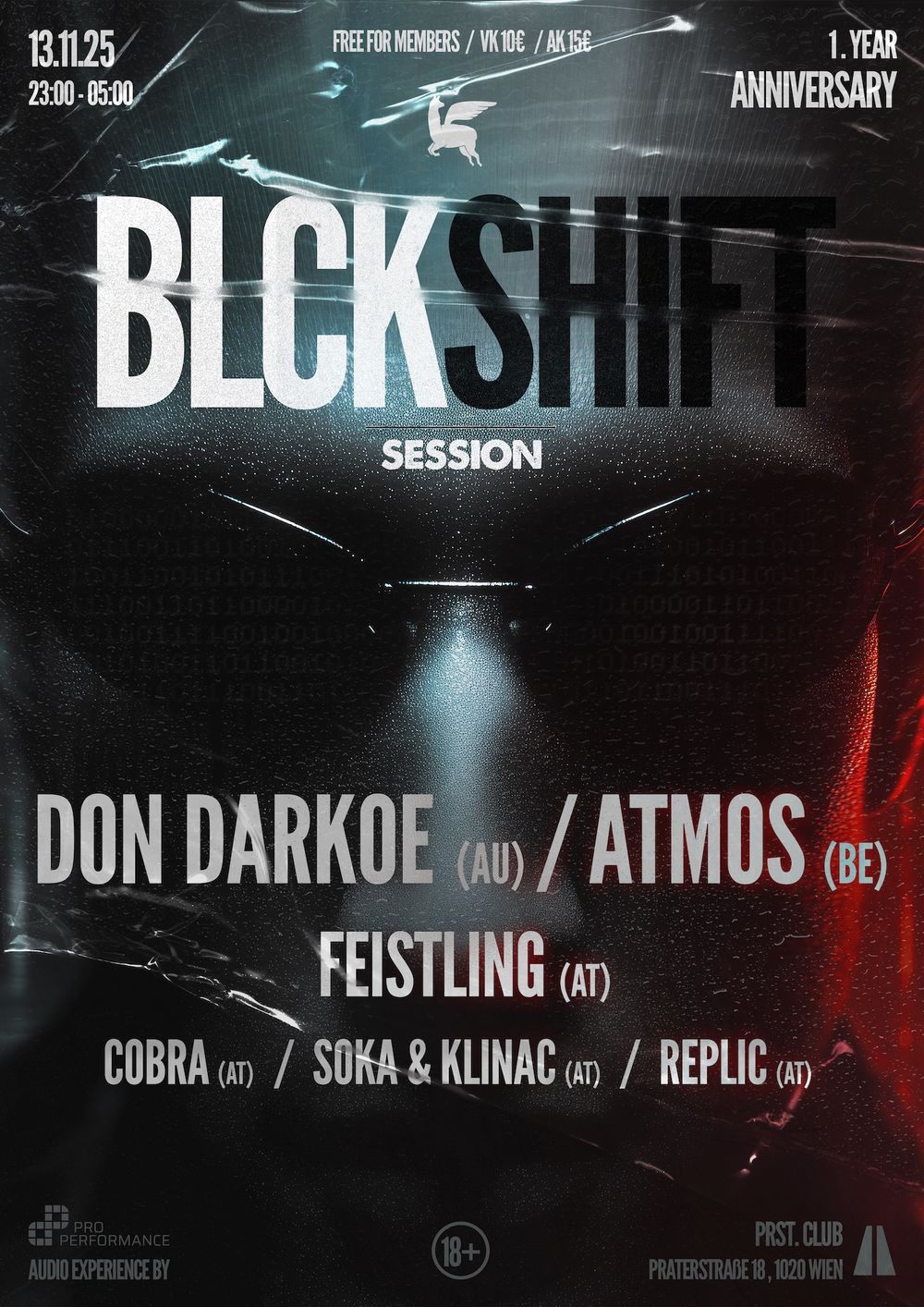Flyer for BLCKSHIFT ANNIVERSARY SESSION with Don Darkoe, Atmos & Feistling
