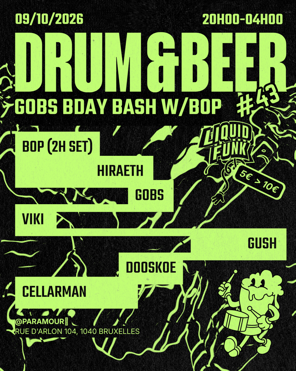 Flyer for Drum & Beer #43: Gobs Bday Bash with Bop