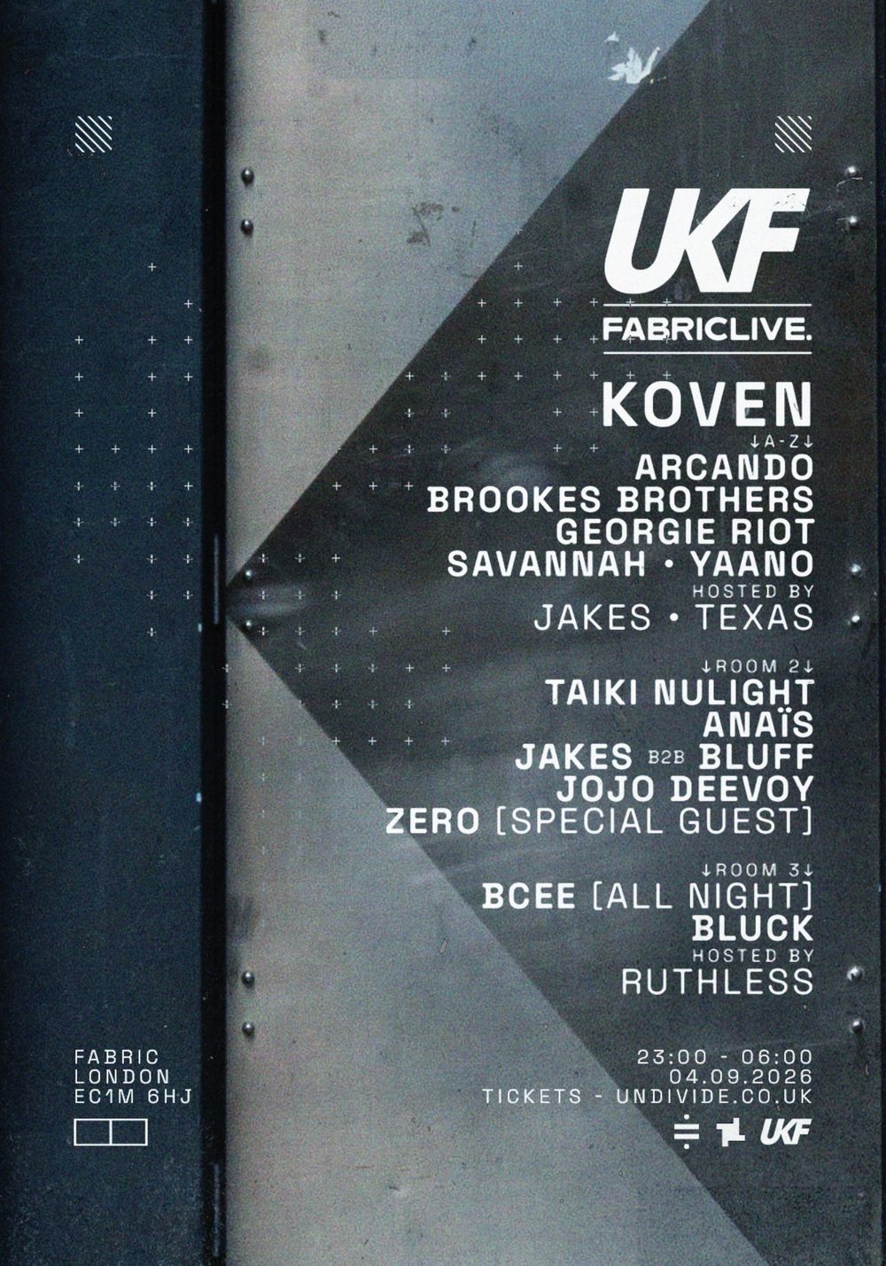 Flyer for FABRICLIVE x UKF: Koven, Taiki Nulight, Zero, Arcando, BCee, Brookes Brothers + more