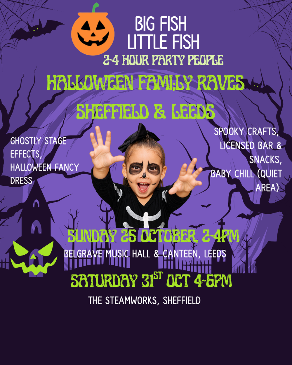 Flyer for Big Fish Little Fish SHEFFIELD Halloween family rave! Sat 31st Oct 4-6pm