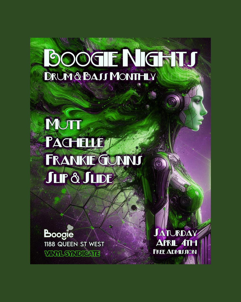Flyer for Boogie Nights Drum & Bass Monthly