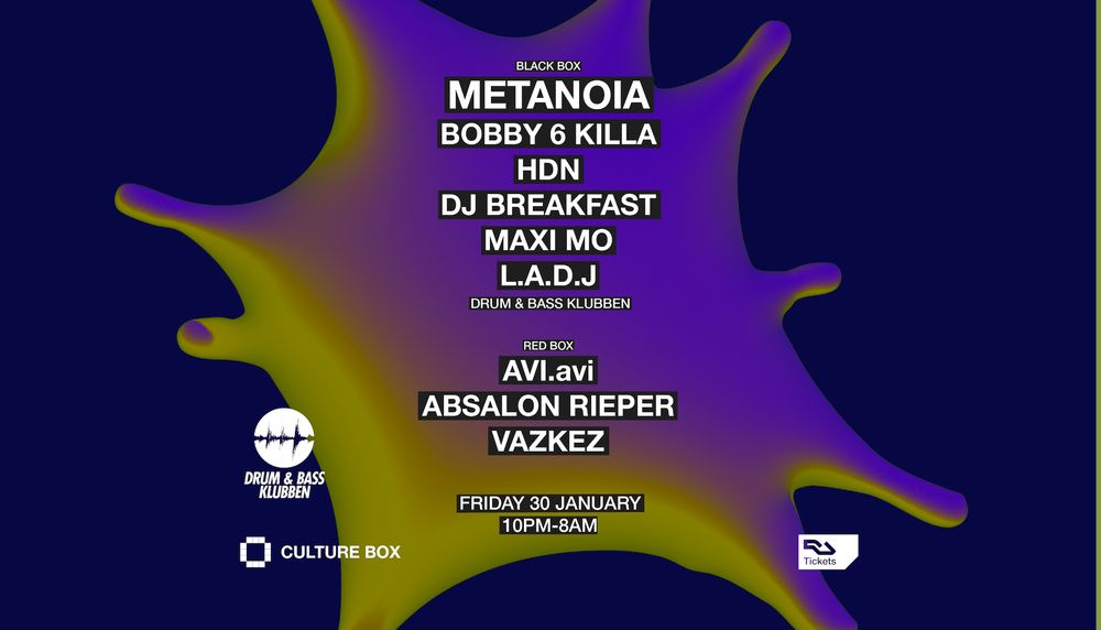 Flyer for Drum & Bass Klubben: Metanoia / AVI.avi / Absalon Rieper (DJ Set) / vazkez