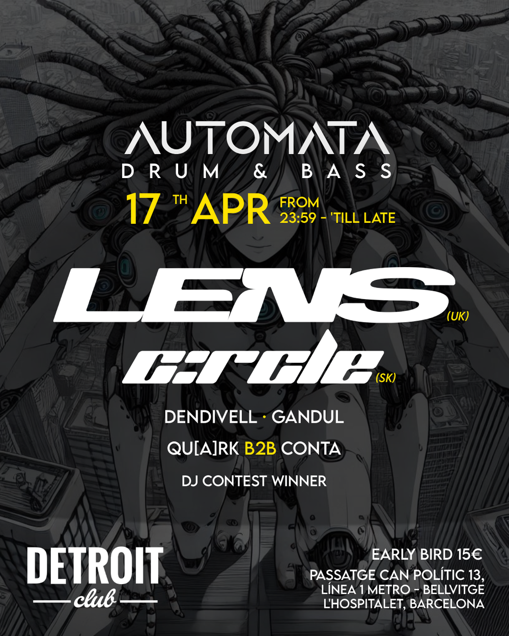Flyer for Automata Drum & Bass · 17APR - LENS & C:RCLE BARCELONA