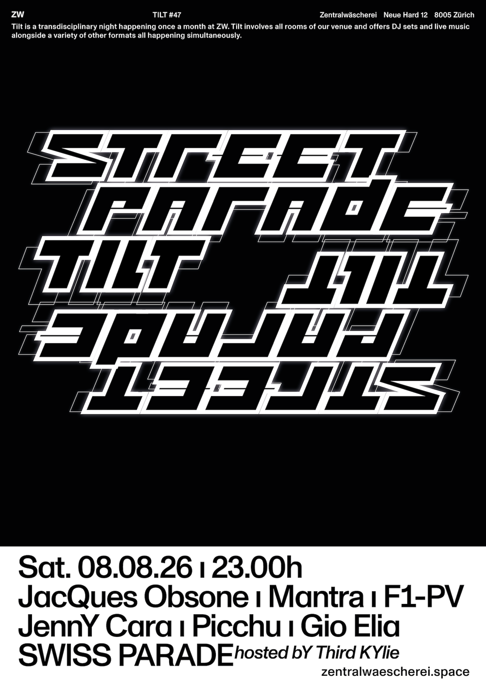 Flyer for Tilt - Street Parade Afterparty/ Mantra, Gio Elia, Jenny Cara, F1-PV,