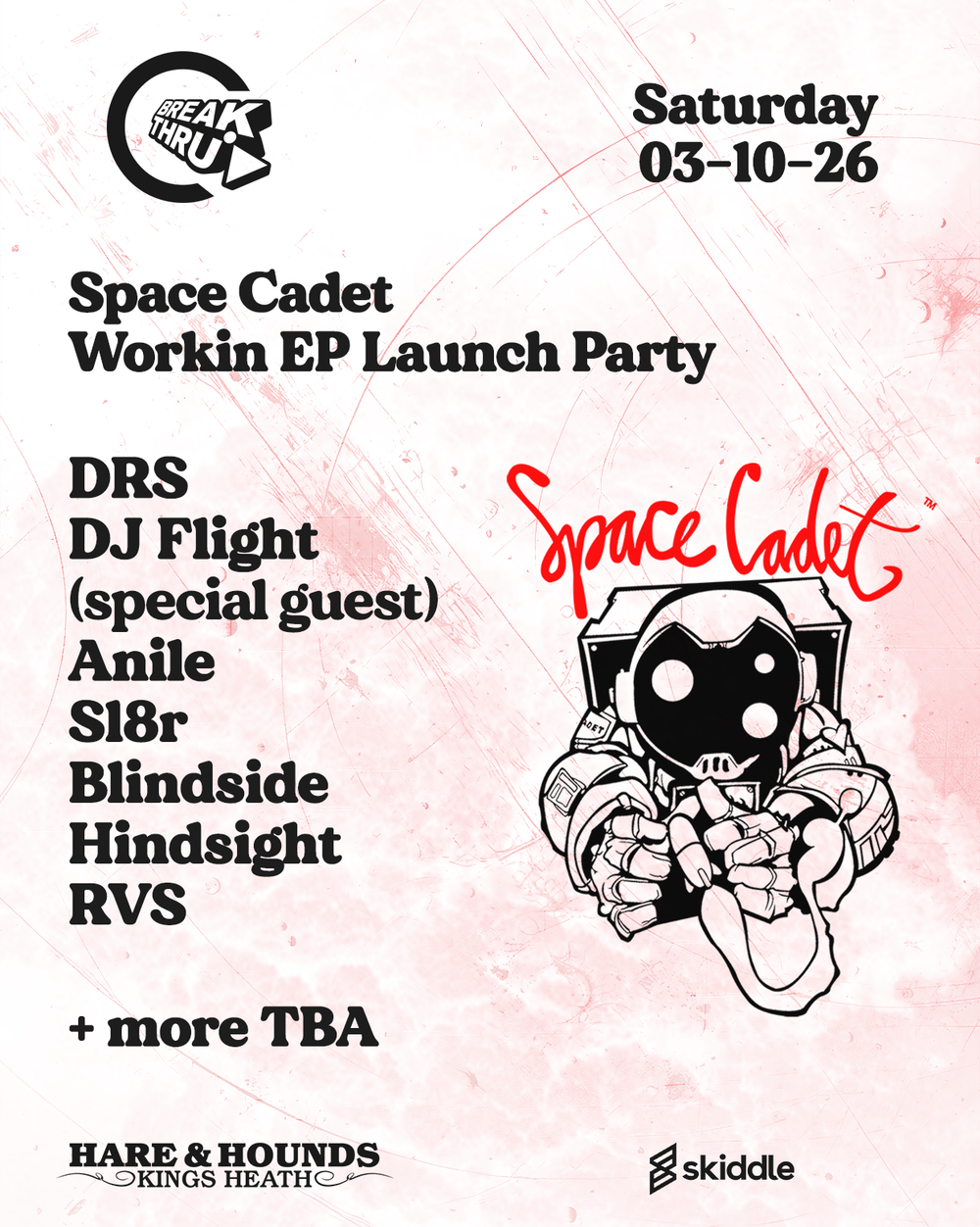 Flyer for Space Cadet DRS, DJ Flight, Anile, SL8R