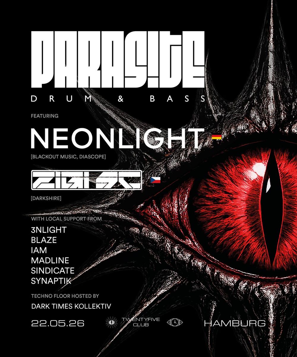 Flyer for Parasite X Darktimes with Neonlight, Zigi SC, Plea5urepul5e, brvder jakob and many more