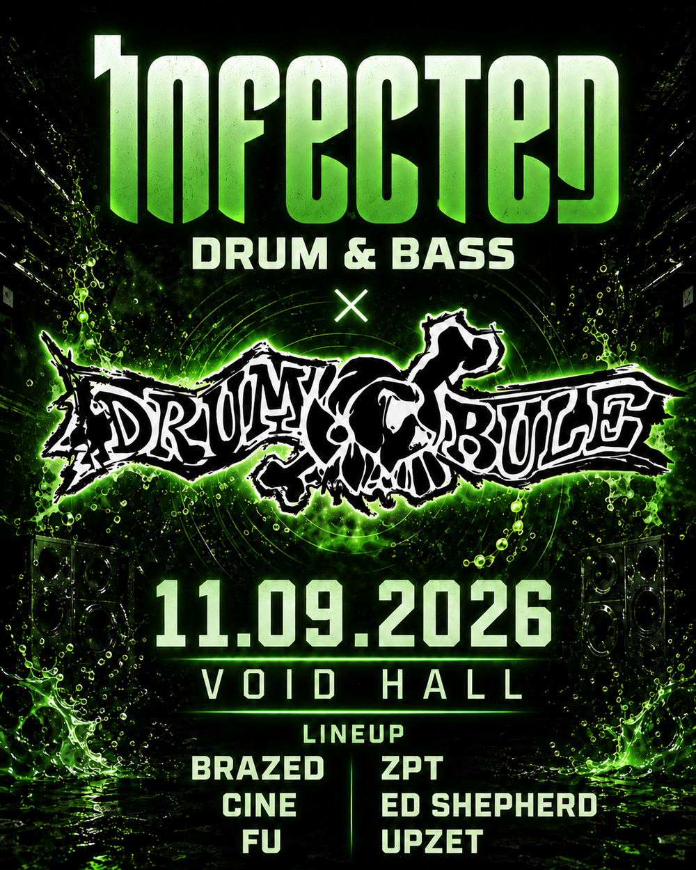 Flyer for Infected Drum & Bass x Drumbule Hamburg with Brazed, Fu, Sagrivox, Ed Shepherd