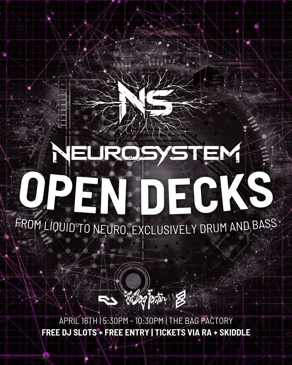 Flyer for NEUROSYSTEM Drum and Bass Open Decks