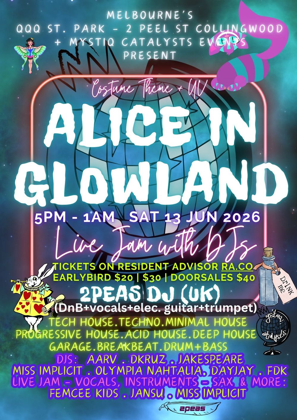 Flyer for Alice in Glowland - Live Jam with DJs - UV & Costume Theme