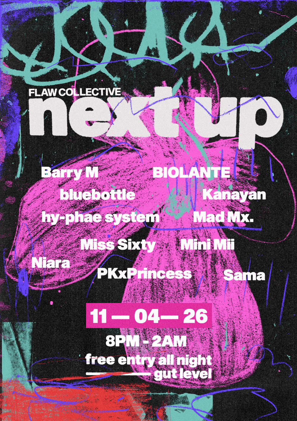 Flyer for FLAW: Next Up - FLINTA Showcase