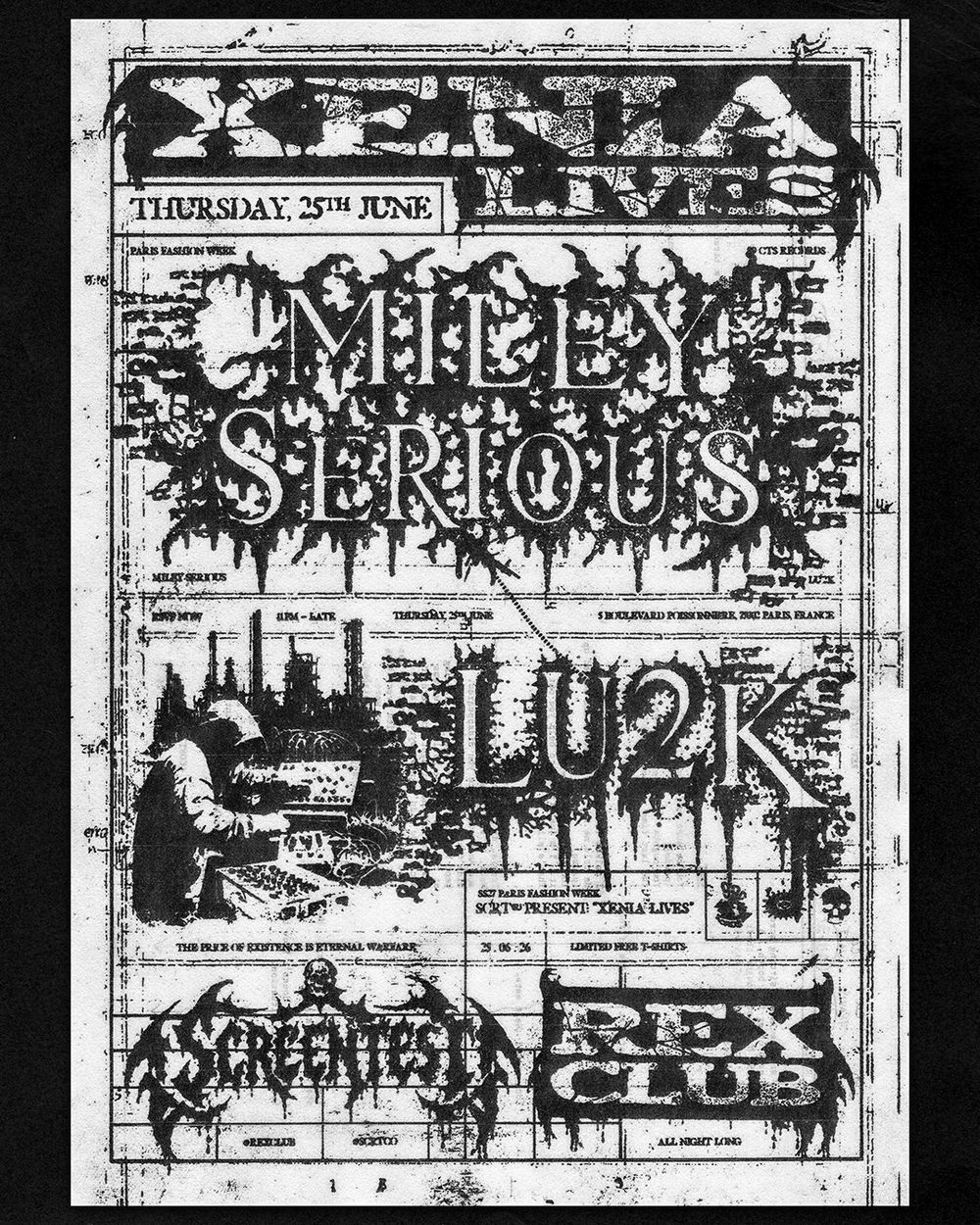 Flyer for SCRT & Rex Club PRESENT: XENIA LIVES: Miley Serious & Lu2k