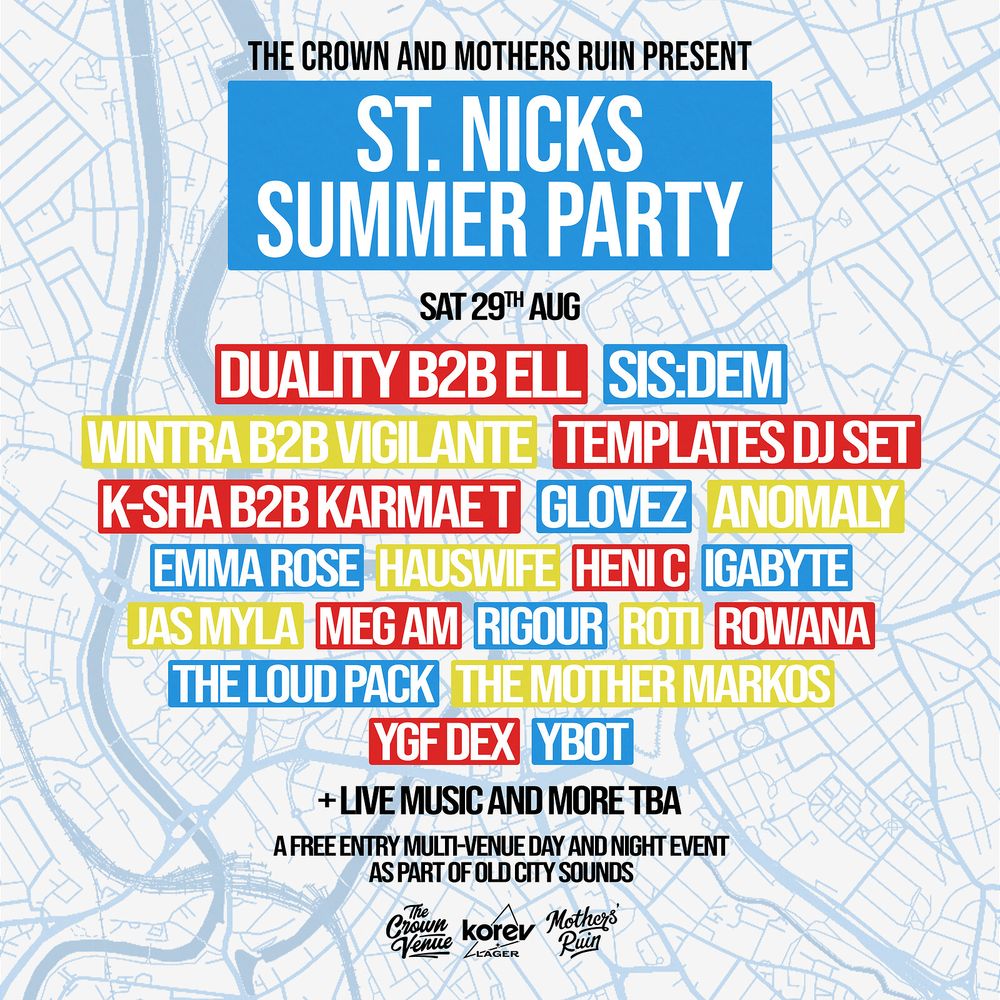 Flyer for St. Nicks Summer Party: Duality B2B Ell, SIS:DEM, Void Radio + more