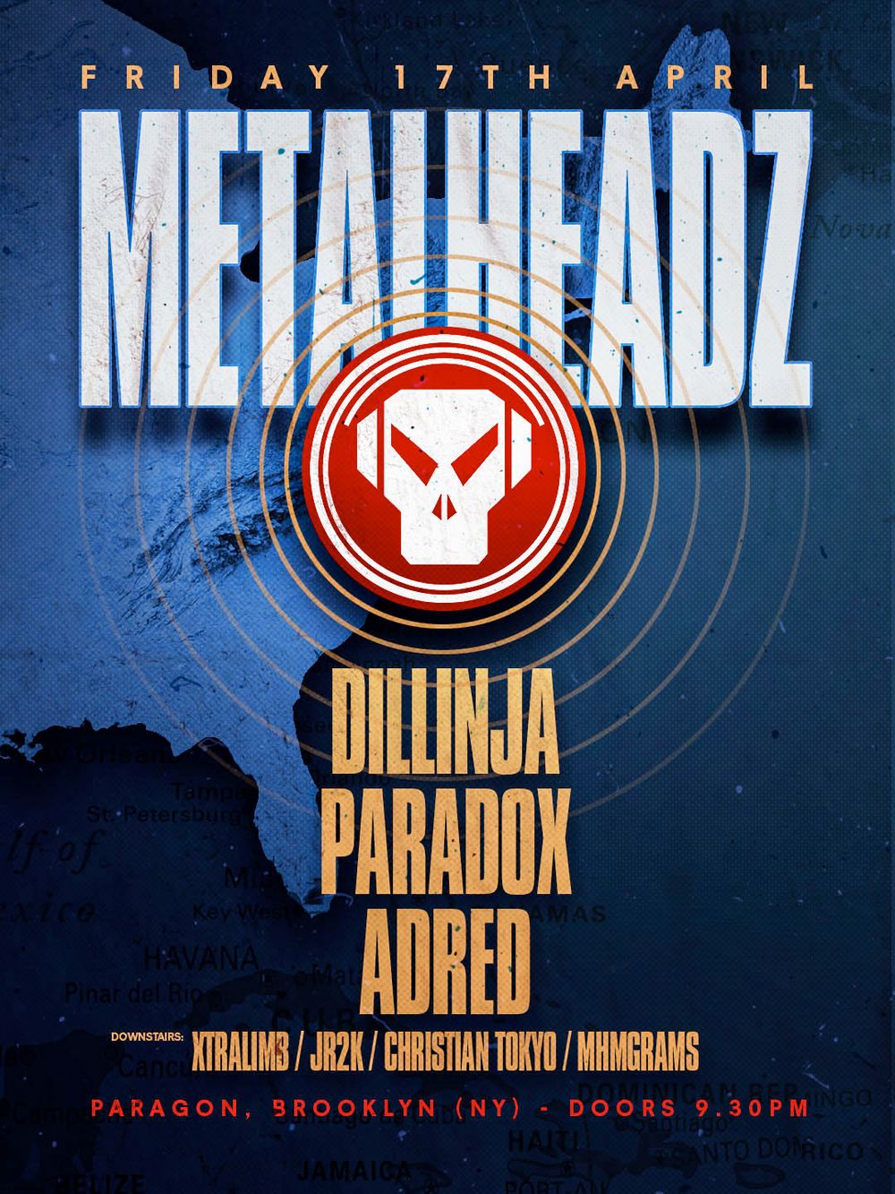 Flyer for METALHEADZ: Dillinja, Paradox, Adred + XTRALIMB, JR2K, Christian Tokyo, MHMGRAMS