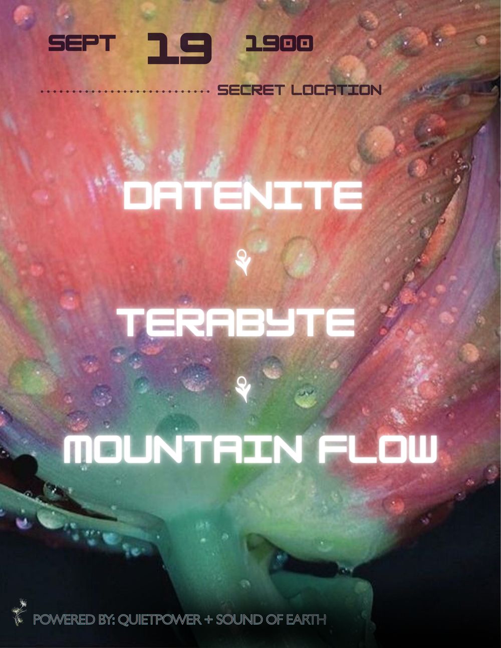 Flyer for QUIET POWER PRESENTS DateNite + Terabyte + MOUNTAIN FLOWS