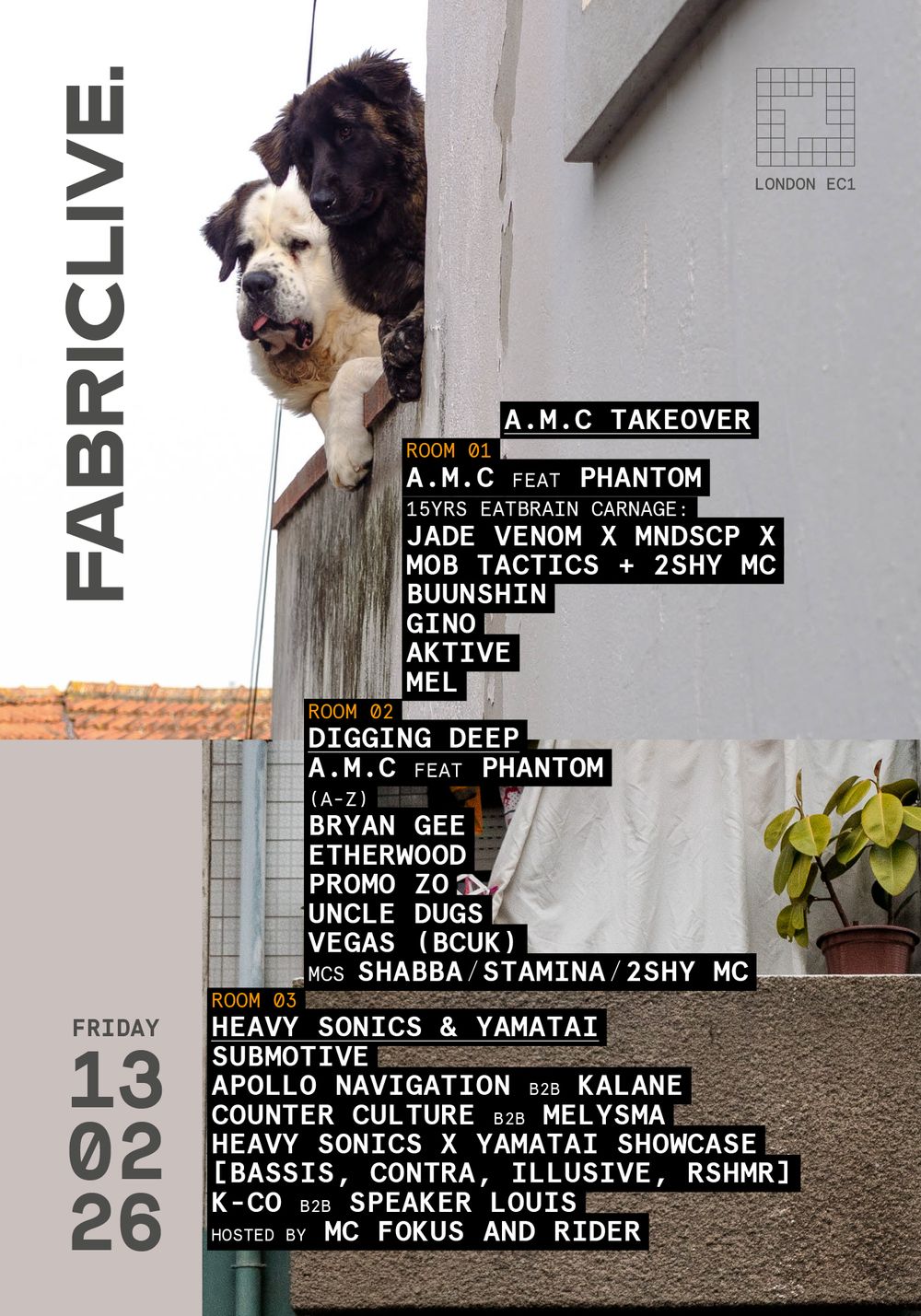Flyer for FABRICLIVE x A.M.C: A.M.C feat. Phantom, Eatbrain Carnage, Bryan Gee, Buunshin, Etherwood