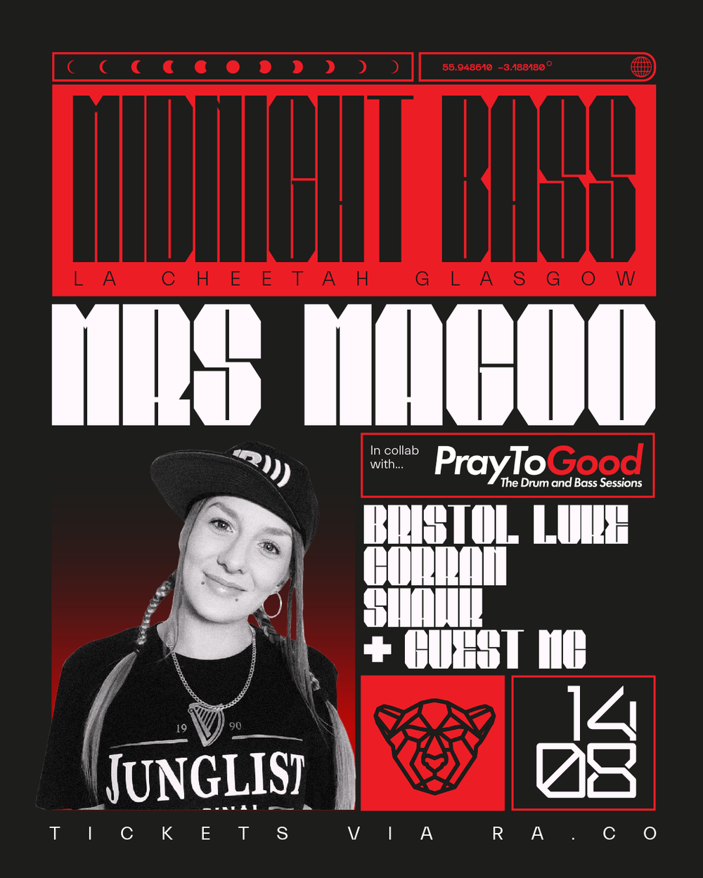 Flyer for Midnight Bass x Pray To Good w/ Bristol Luke, Corran, SHAWK, Kenny Campbell