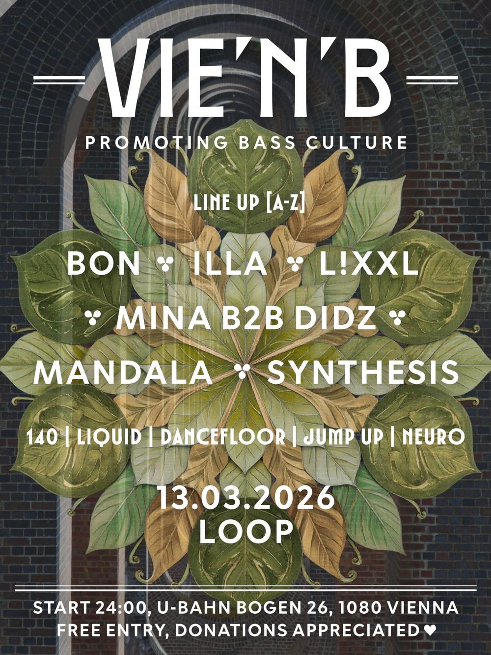 Flyer for VIE`n`B - your local Drum and Bass Party - free entry