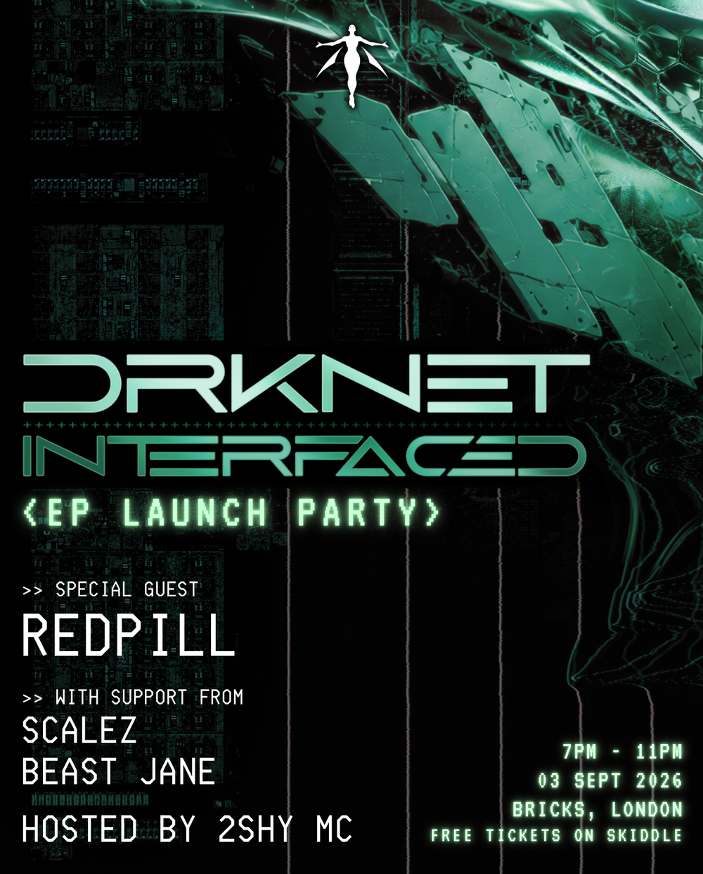 Flyer for DRKNET 'INTERFACED' EP - Launch Party (+ special guest Redpill)