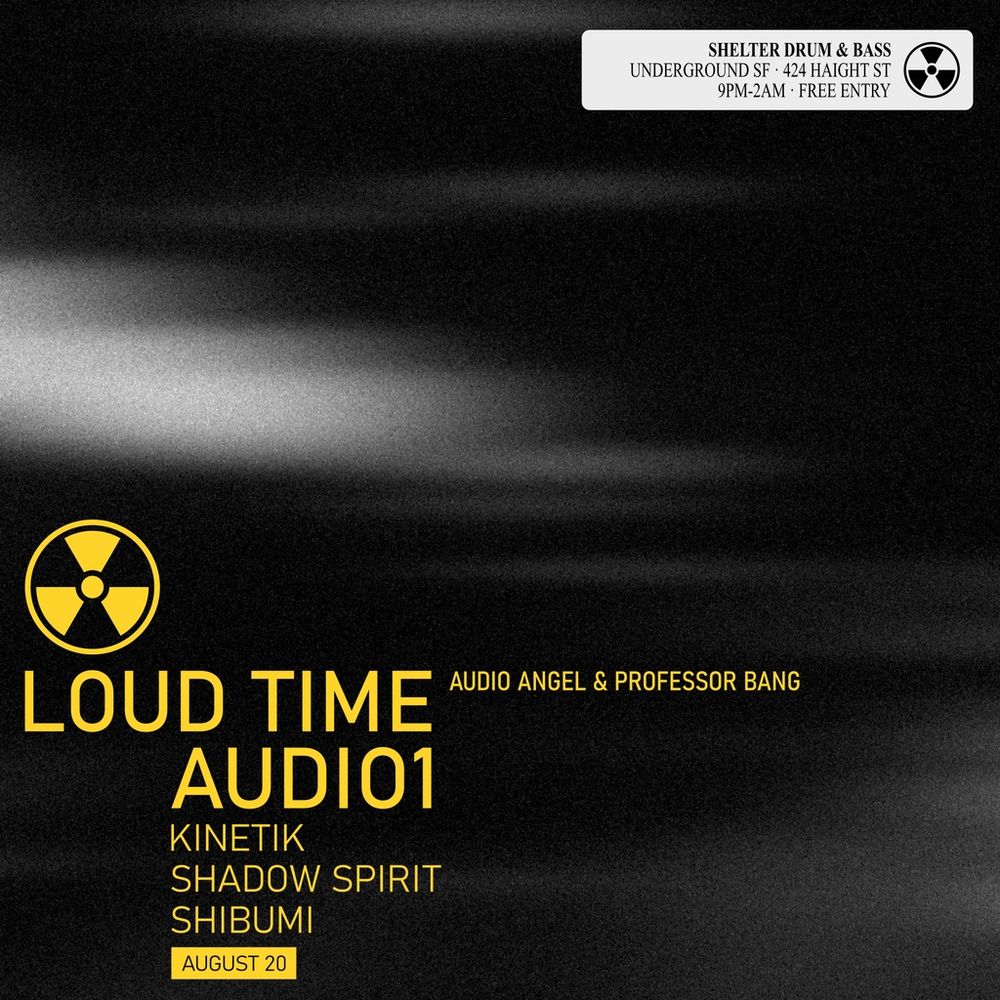 Flyer for Shelter SF DNB - Loud Time / Audio1 / Kinetik / Shadow Spirit / Shibumi