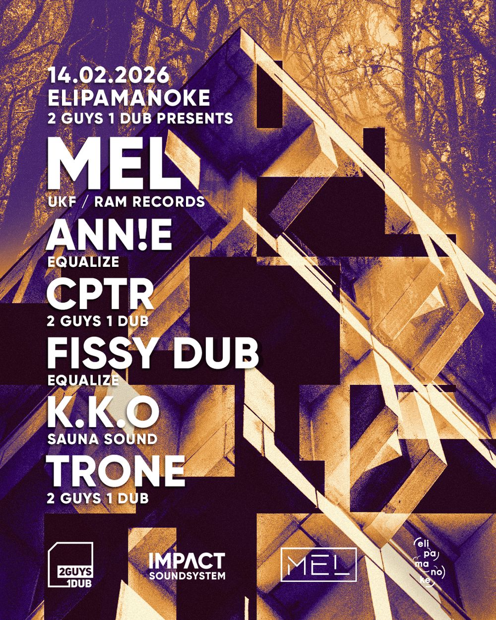 Flyer for 2 Guys 1 Dub presents: MEL & KeinKollektiv