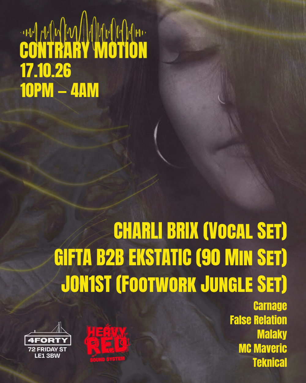 Flyer for Contrary Motion: Charli Brix, Gifta, Ekstatic, Jon1st, Malaky + more
