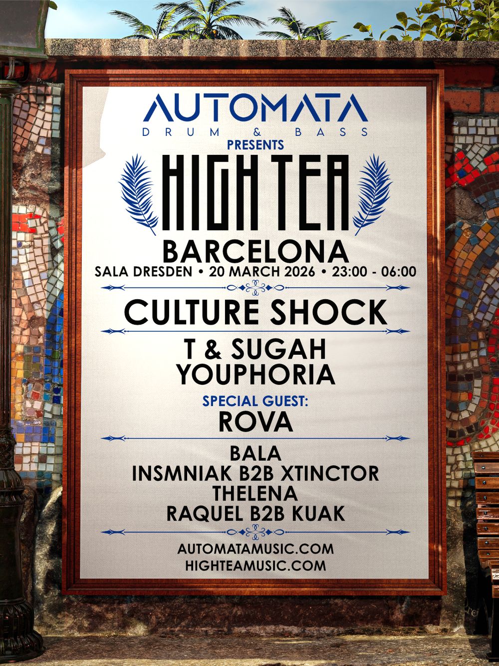 Flyer for Automata DnB presents High Tea Barcelona · Culture Shock · T&SUGAH · YOUPHORIA · ROVA + more