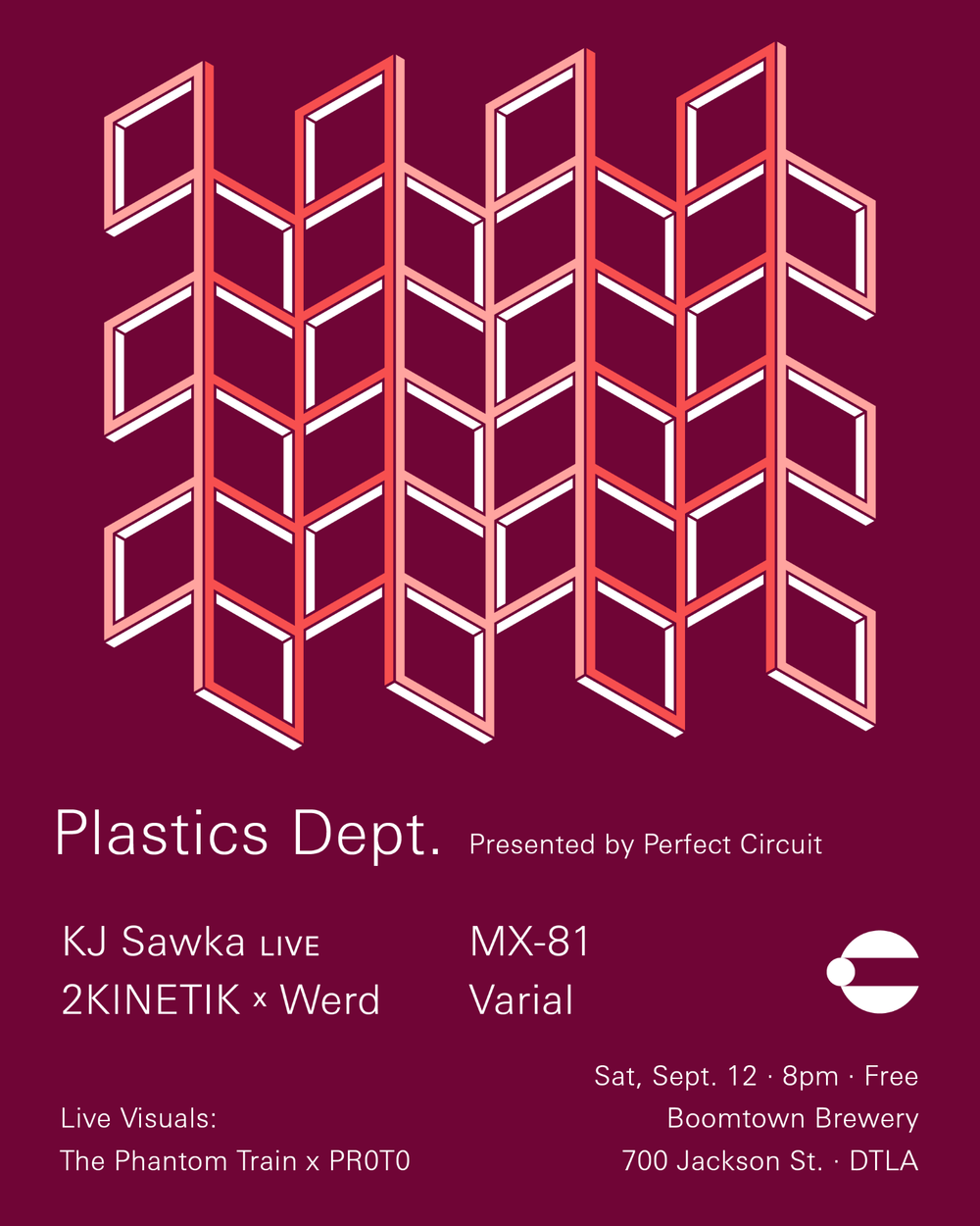 Flyer for Perfect Circuit presents Plastics Dept. feat KJ Sawka LIVE, 2KINETIK x Werd, Varial, MX-81